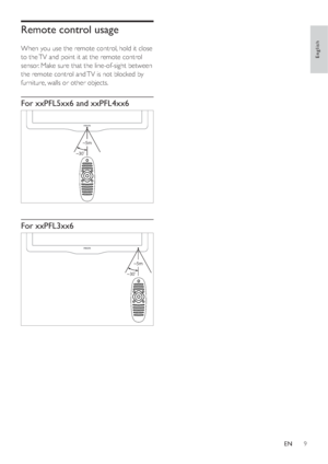 Page 119
Remote control usage
When you use the remote control, hold it close 
to the TV and point it at the remote control 
sensor. Make sure that the line-of-sight between 
the remote control and TV is not blocked by 
furniture, walls or other objects.
For xxPFL5xx6 and xxPFL4xx6
 
For xxPFL3xx6
 
~5m
~30˚
~5m
~30˚
English
EN
Downloaded From C8-Manual.com Manuals 