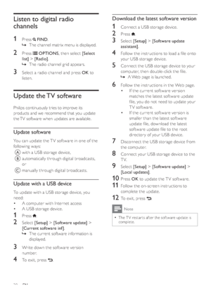 Page 3028
Download the latest software version
1  Connect a USB storage device. 
2 Press . 
3 Select [Setup] > [Software update 
assistant].
4 