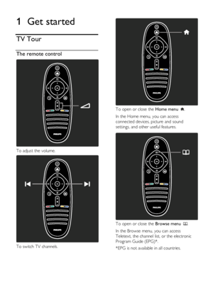 Page 4  
EN           4           
1 Get started 
TV Tour 
The remote control  
 
To adjust the volume.  
 
To switch TV channels. 
 
 
To open or close the Home menu . 
In the Home menu, you can access 
connected devices, picture and sound 
settings, and other useful features.   
 
To open or close the Browse menu .  
In the Browse menu, you can access 
Teletext, the channel list, or the electronic 
Program Guide (EPG)*. 
*EPG is not available in all countries. 
     