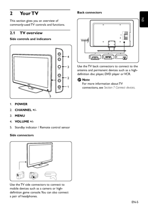 Page 7EN-5
EN
Your TV 2 
This section gives you an overview of 
commonly-used TV controls and functions.
TV overview 2.1 
Side controls and indicators
1
2
4
3
POWER CHANNELMENU VOLUME
5
 
  1. POWER
CHANNEL +/- 2. 
MENU 3. 
VOLUME +/- 4. 
Standby indicator / Remote control sensor 5. 
Side connectors
Use the TV side connectors to connect to 
mobile devices such as a camera or high-
definition game console. You can also connect 
a pair of headphones.Back connectors
HDMI 3HDMI 2
CVI AV INAV O UTVIDEO
L
R L Pr Pb...