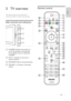 Page 97
   
 
 
 
 
 
Remote control
 
 
 
1
282
3
4
5
6
7
8
9
10
13
14
17
19
20
18
15
16
27
24
23
21
22
26
25
12
11
 
 
 
 
 
 
 
3 TV overview
This section gives you an over view of 
commonly used TV controls and functions.
   
 
 
Side controls and indicators
 
 
 
a   
 
 POWER : Switches the product on 
or off. The product is not powered 
off completely unless it is physically 
unplugged.
b  P/CH +/- : Switches to the next or 
previous channel.
c  
 
 
 SOURCE : Selects connected devices.
d  VOLUME +/- :...