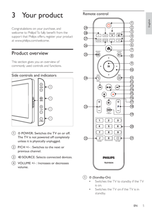 Page 85
   
 
 
 
 
 
Remote control
 
 
 
1
292
3
4
7
8
9
10
11
14
15
18
20
21
19
16
17
28
25
24
22
23
27
26
13
12
6
5
BROWSE OPTIONS
INFO A/CH
BACK
FORMAT
PICTURE SOUNDINCR.SURR SOURCE
SLEEP
SCENEA SAPCC DEMOTV
   
 
 
a   
 ( Standby-On )
   
 
 
Switches the T V to standby if the T V 
is on.
   
 
 
Switches the T V on if the T V is in 
standby. •
•
   
 
 
 
 
 
3 Your product
 
 
Congratulations on your purchase, and 
welcome to Philips! To fully bene t from the 
suppor t that Philips offers, register...