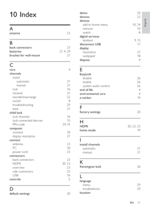 Page 3331
demo 20
devices 23
devices 
add to home menu  10, 24
remove 10
	 
digital services 
teletex t 9, 13
disconnect USB 17
display 
resolution 27
	 
dispose 4
E
EasyLink 
disable 26
enable 26
system audio control  26
end of life 4
environmental care 4
e-sticker 19
F
factory settings 20
H
HDMI  30, 23, 23
home mode 19
I
install channels 
automatic 21
manual 21
K
Kensington lock 26
L
language 
menu 29
troubleshoot 29
location 
10 Index
A
antenna 23
B
back connectors 23
batteries  27, 4, 29...