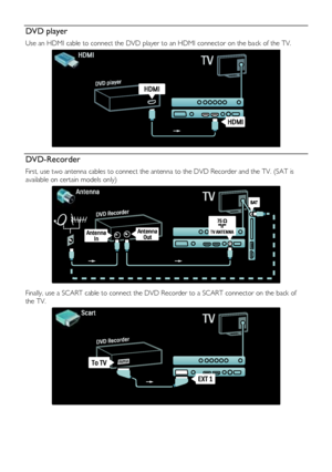 Page 42  
EN           42           
DVD player 
Use an HDMI cable to connect the DVD player to an HDMI connector on the back of the TV. 
  
DVD-Recorder 
First, use two antenna cables to connect the antenna to the DVD Recorder and the TV. (SAT is 
available on certain models only) 
   
Finally, use a SCART cable to connect the DVD Recorder to a SCART connector on the back of 
the TV. 
  
    