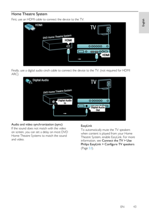 Page 43     
EN           43   
English
 Home Theatre System 
First, use an HDMI cable to connect the device to the TV. 
   
Finally, use a digital audio cinch cable to connect the device to the TV. (not required for HDMI 
ARC) 
  
Audio and video synchronization (sync) 
If the sound does not match with the video 
on screen, you can set a delay on most DVD 
Home Theatre Systems to match the sound 
and video. 
  
EasyLink 
To automatically mute the TV speakers 
when content is played from your Home 
Theatre...