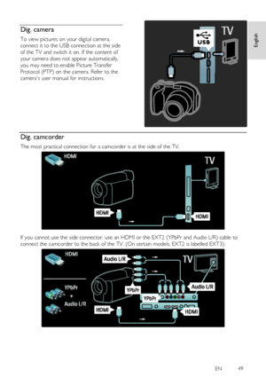 Page 49     
EN           49   
English
 Dig. camera 
To view pictures on your digital camera, 
connect it to the USB connection at the side 
of the TV and switch it on. If the content of 
your camera does not appear automatically, 
you may need to enable Picture Transfer 
Protocol (PTP) on the camera. Refer to the 
cameras user manual for instructions. 
  
Dig. camcorder 
The most practical connection for a camcorder is at the side of the TV. 
   
If you cannot use the side connector, use an HDMI or the EXT2...