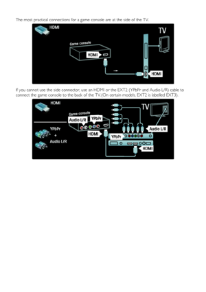 Page 48  
EN           48           
The most practical connections for a game console are at the side of the TV. 
   
If you cannot use the side connector, use an HDMI or the EXT2 (YPbPr and Audio L/R) cable to 
connect the game console to the back of the TV.(On certain models, EXT2 is labelled EXT3). 
  
   