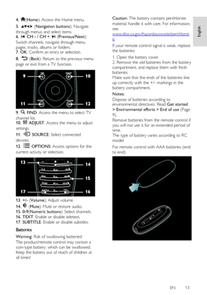 Page 13     
EN      13   
English
 4. (Home): Access the Home menu. 
5.   (Navigation buttons): Navigate 
through menus and select items. 6.  CH - / CH +  (Previous/Next): 
Switch channels, navigate through menu 
pages, tracks, albums or folders.    7. OK: Confirm an entry or selection. 
8.  (Back): Return to the previous menu 
page or exit from a TV function.  
 
9.  FIND: Access the menu to select TV 
channel list. 10.  ADJUST: Access the menu to adjust 
settings. 
11.  SOURCE: Select connected 
devices....