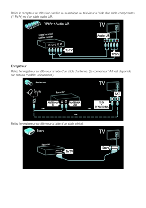 Page 48 
FR      48           
Reliez le récepteur de télévision satellite ou numérique au téléviseur à laide dun câble composantes 
(Y Pb Pr) et dun câble audio L/R. 
  
Enregistreur 
Reliez lenregistreur au téléviseur à laide dun câble dantenne. (Le connecteur SAT est disponible 
sur certains modèles uniquement.) 
 
Reliez lenregistreur au téléviseur à laide dun câble péritel. 
 
    