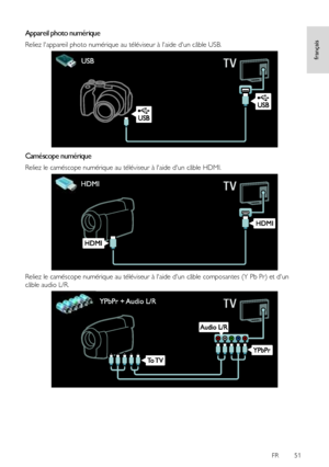 Page 51     
FR      51   
français
 
 
Appareil photo numérique 
Reliez lappareil photo numérique au téléviseur à laide dun câble USB.  
  
Caméscope numérique 
Reliez le caméscope numérique au téléviseur à laide dun câble HDMI. 
 
Reliez le caméscope numérique au téléviseur à laide dun câble composantes (Y Pb Pr) et dun 
câble audio L/R. 
  
    