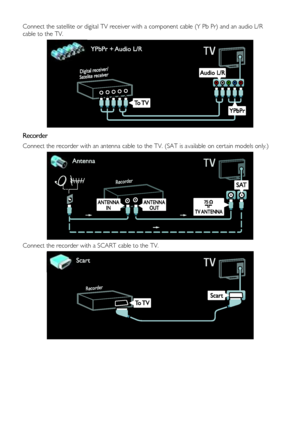 Page 42 
EN      42       
Connect the satellite or digital TV receiver with a component cable (Y Pb Pr) and an audio L/R 
cable to the TV. 
  
Recorder 
Connect the recorder with an antenna cable to the TV. (SAT is available on certain models only.) 
 
Connect the recorder with a SCART cable to the TV. 
 
    