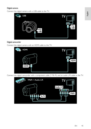 Page 45     
EN      45   
English
 
Digital camera 
Connect the digital camera with a USB cable to the TV.  
  
Digital camcorder 
Connect the digital camera with an HDMI cable to the TV. 
 
Connect the digital camcorder with a component cable (Y Pb Pr) and an audio L/R cable to the TV. 
  
    