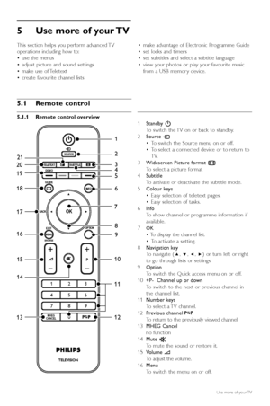 Page 125Use more of your TV
This section helps you perform advanced TV
operations including how to:
•use the menus  
• adjust picture and sound settings  
• make use of Teletext  
• create favourite channel lists  •
make advantage of Electronic Programme Guide  
• set locks and timers 
• set subtitles and select a subtitle language  
• view your photos or play your favourite music
from a USB memor y device.
10Use more of your TV
5.1 Remote control 
5.1.1 Remote control overview
1 Standby  B  
To  switch the TV...