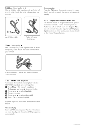 Page 3230Connections
S-Video - Good quality ★★
Use an S-Video cable together with an Audio L/R
(cinch) cable. Match the cable colours when you
connect.
An S-Video cable Audio L/R cable - Red, White
Video - Basic quality ★
Use a Video (cinch) cable together with an Audio
L/R (cinch) cable. Match the cable colours when
y ou connect.
Combined Video - yellow and Audio L/R cable 
- red and white
7.2.2 HDMI with EasyLink
Connected devices that are compliant with the
HDMI CEC standard can work together.
‡ Press  Menu...