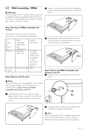 Page 86Your TV
3.2 Wall mounting - VESA
) Warning
W all mounting of the TV should only be performed
by  qualified installers. Koninklijke Philips Electronics
N.V. bears no responsibility for improper mounting
that results in accident or injur y.
Step 1 Purchase a VESA-compatible wall
bracket
Depending on the size of your TV screen,
purchase one of the following wall brackets:
TV VESA- Special
screen compatible instructions
size wall bracket
(inches/ type
cm) (millimeters)
32”/81cm       Adjustable The VESA-...