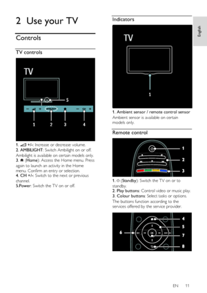 Page 11     
EN      11   
English
 2 Use your TV 
Controls 
TV controls  
 
1.  +/-: Increase or decrease volume. 
2. AMBILIGHT: Switch Ambilight on or off.     
Ambilight is available on certain models only. 3.  (Home): Access the Home menu. Press 
again to launch an activity in the Home 
menu. Confirm an entry or selection.   4. CH +/-: Switch to the next or previous 
channel.   5.Power: Switch the TV on or off.   
  
Indicators  
 
1. Ambient sensor / remote control sensor 
Ambient sensor is available on...