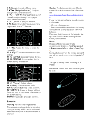 Page 12  
EN      12       
4. (Home): Access the Home menu. 
5.  (Navigation buttons): Navigate 
through menus and select items. 6. CH - / CH + (Previous/Next): Switch 
channels, navigate through menu pages, 
tracks, albums or folders.   7. OK: Confirm an entry or selection. 
8.  (Back): Return to the previous menu 
page or exit from a TV function.   
 
9.  FIND: Access the menu to select TV 
channel list. 10.  ADJUST: Access the menu to adjust 
settings. 11.  SOURCE: Select connected devices.   
12.  OPTIONS:...