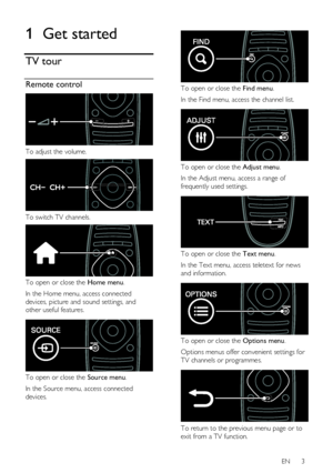 Page 3 
EN      3   
1 Get started 
TV tour 
Remote control  
 
To adjust the volume.  
 
To switch TV channels.  
 
To open or close the Home menu. 
In the Home menu, access connected 
devices, picture and sound settings, and 
other useful features.   
 
To open or close the Source menu. 
In the Source menu, access connected 
devices. 
  
 
To open or close the Find menu.  
In the Find menu, access the channel list.   
 
To open or close the Adjust menu. 
In the Adjust menu, access a range of 
frequently used...