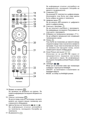 Page 7
  14. Формат на екрана  За  промяна  на  формата  на  екрана.  За повече информация погледнете Формати на екрана.
15.   Списък с източници 
 За да се появи списък с източници, на които можете  да  гледате  вашия  телевизор  или страничното оборудване.
16.   Цветни бутони на телетекста 
 З а   и н ф о р м а ц и я   о т н о с н о   у п о т р е б а т а на  телетек ста,  погледнете  Употреба  на телетекста.
17.   Възможности 
7 
За  информация  относно  употребата  на 
възможностите,  погледнете  Употреба...