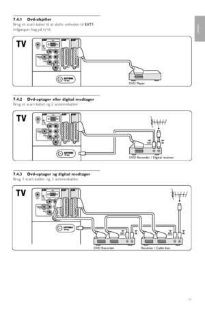 Page 397.4.1 Dvd-afspiller
Brug et scar t-kabel til at slutte enheden til 
EXT1-
indgangen bag på tvet.
7.4.2 Dvd-optager eller digital modtager
Brug et scar t-kabel og 2 antennekabler.
7.4.3 Dvd-optager og digital modtager
Brug 3 scar t-kabler og 3 antennekabler.
Tilslutninger37
DANSK
EXT 3
VGA
SERVICE
UART
OUTYPb
Pr
L
R
L
R
EXT 2EXT 1
AUDIOOUTAUDIO DIGITAL
VGA / Y Pb Pr  AUDIO
VGA +YPbPr
Receiver / Cable boxDVD Recorder
IN OUT
IN OUT
EXT 3
VGA
SERVICE
UART
OUTYPb
Pr
L
R
L
R
EXT 2EXT 1
AUDIOOUTAUDIO DIGITAL...