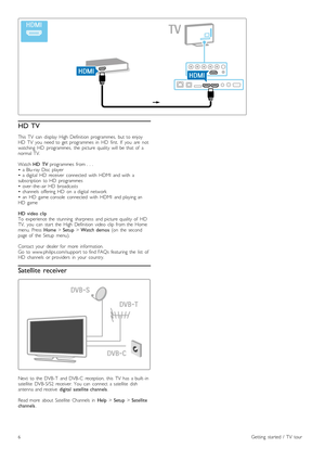 Page 6HD  TV
This   TV   can   display   High   Definition  programmes,   but  to  enjoy
HD   TV  you   need  to  get  programmes   in   HD   first.   If   you   are   not
watching   HD   programmes,   the   picture   quality  will   be  that  of   a
normal  TV.
Watch  HD   TV   programmes   from  .  .  .
•   a  Blu-ray  Disc   player
•   a  digital   HD   receiver   connected   with   HDMI   and  with   a
subscription   to  HD   programmes
•   over -the -air   HD   broadcasts
•   channels   offering   HD   on...