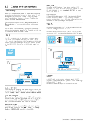 Page 545.2Cables and connections
Cable  quality
Before   you   connect  devices  to  the   TV,   check   which  connectors
are   available   on   the   device.   Connect  the   device   to  the   TV   with
the   highest  quality  connection   available.  Good  quality  cables
ensure  a  good   transfer  of   picture   and  sound.   Read  the   other
chapters  of   Cables   and  connections .
The  connections   diagrams  shown   in   Help > Connections  >
Connect  devices   are   recommendations.   Other...