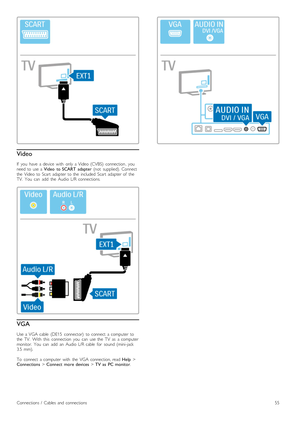 Page 55Video
If   you   have   a  device   with   only  a Video  (CVBS)   connection,  you
need  to  use  a  Video   to  SCART   adapter   (not   supplied).  Connect
the   Video  to  Scart   adapter  to  the   included   Scart   adapter  of   the
TV.   You   can   add   the   Audio  L/R  connections.
VGA
Use  a  VGA  cable   (DE15   connector)   to  connect   a  computer  to
the   TV.   With   this   connection   you   can   use  the   TV   as   a  computer
monitor.   You   can   add   an   Audio  L/R  cable...