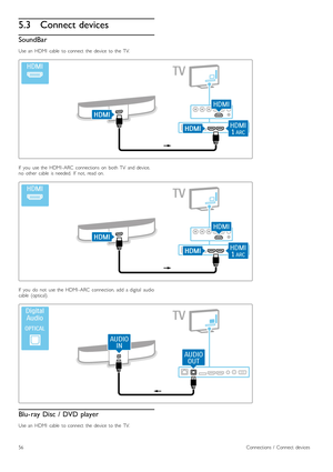 Page 565.3Connect devices
SoundBar
Use  an   HDMI   cable   to  connect   the   device   to  the   TV.
If   you   use  the   HDMI -ARC   connections   on   both  TV   and  device,
no   other   cable   is  needed.   If   not,  read  on.
If   you   do   not   use  the   HDMI -ARC   connection,  add   a  digital   audio
cable   (optical).
Blu- ray Disc  / DVD player
Use  an   HDMI   cable   to  connect   the   device to the TV.
56Connections  /   Connect  devices
 