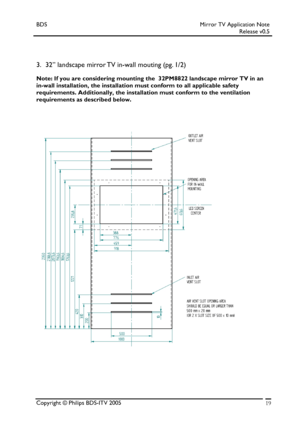 Page 19BDS Mirror TV Application Note 
 Release v0.5 
 
 
 
3. 32” landscape mirror TV in-wall mouting (pg. 1/2) 
Note: If you are considering mounting the  32PM8822 landscape mirror TV in an 
in-wall installation, the installation must conform to all applicable safety 
requirements. Additionally, the installation must conform to the ventilation 
requirements as described below. 
 
 
 
 
 
 
 
 
 
 
 
 
 
 
 
 
 
 
 
 
Copyright © Philips BDS-ITV 2005 19
 