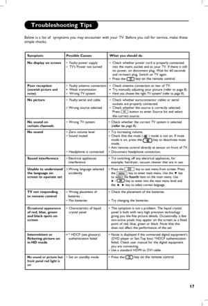 Page 18
17

Troubleshooting Tips
Below is a list of  symptoms you may encounter with your TV. Before you call for service, make these 
simple checks.             
Symptom  Possible Causes  What you should do
No display on screen   •  Faulty power supply  •  Check whether power cord is properly connected  
    •  TV’s Power not turned    into the mains socket and to your TV. If there is still  
          no power, 
on disconnect plug. Wait for 60 seconds  
          and re-insert plug. Switch on TV again....