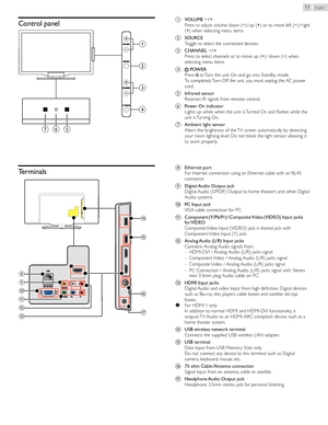 Page 11English11
Control	panela	 VOLUME	−	 /	+
    Press to adjust volume down (−)  / up (+) or to move left (−)  / right 
(+) when selecting menu items.
b	 SOURCE
    Toggle to select the connected devices.
c	CHANNEL	−	 /	+
    Press to select channels  or to move up (+) /  down (−) when 
selecting menu items.
d			 POWER
    Press 
 to Turn the unit On and go into Standby mode. 
    To completely Turn Off the unit, you must unplug the AC power 
cord.
e	 Infrared	sensor
    Receives IR signals from remote...