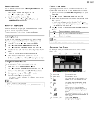 Page 22English22
Reset	the 	station 	list
You can remove all stations  / folders in Recently	Played, Favorites and 
My	 Added	Stations .
1	Follow step 1 in  Internet 	radio 	playback . ➠ p.	21
2	Use  ▲▼  to select  Reset, then press  OK.
3	Use  ◄►  to select  Yes, then press  OK.
•  All stations  / folders in Recently	Played, Favorites and 
My	 Added	Stations  are removed.
Pandora®	operations
With this unit, you can instantly listen to personalized radio stations 
streamed over the Internet from Pandora.
To...