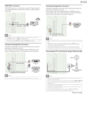 Page 46English46
HDMI-ARC	connection
HDMI-ARC allows you to use EasyLink to output TV Audio directly to 
a connected Audio device, without the need for an additional Digital 
Audio cable.
 OUT
HDMI-ARCDigital 	home 	theater	amplifierHDMI 	cable
HDMI 	1 	IN 	only
Note
 
• The HDMI 1 connector is HDMI Audio Return Channel (ARC) compliant. Use it to 
output Digital Audio to an HDMI home theater system.
 
• Be sure that the device is HDMI CEC and ARC compliant and that the TV is connected 
to the device using an...