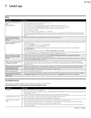 Page 49English49
7	 Useful	tips
FAQ
Question Answer
My	remote	control	does	not	
work.
What	should	I	do?  
• Check the antenna or cable connection to the main unit.
 
• Check the batteries of the remote control.
 
• Check if there is an obstacle between the infrared sensor window and the remote control.
 
• Test the signal Output use  IR	Signal	Check. 
➠ p.	52 If okay, then possible infrared sensor trouble.
 
• Aim the remote control directly at the infrared sensor window on the front of the unit.
 
• Reduce the...