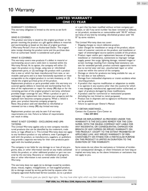 Page 54English54
10	 Warranty
P&F USA, Inc.  PO Box 2248, Alpharetta, GA 30023-2248
LIMITED WARRANTY
ONE (
1 )
 YEAR
WARRANTY  COVERAGE:
This  warranty  obligation  is limited  to the  terms  as set  forth
below.
WHO  IS COVERED: 
This  product  warranty  is issued  to the  original  purchaser  or the
person  receiving  the product  as a gift  against  defects  in materials
and  workmanship  as based  on the  date  of original  purchase
(“Warranty  Period”) from an Authorized  Dealer. The original
sales...