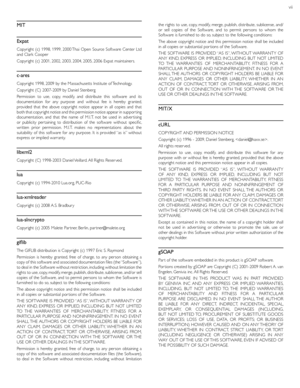 Page 61vii
MIT
Expat
Copyright (c) 1998, 1999, 2000 Thai Open Source Software Center Ltd 
and Clark Cooper
Copyright (c) 2001, 2002, 2003, 2004, 2005, 2006 Expat maintainers.
c-ares
Copyright 1998, 2009 by the Massachusetts Institute of Technology.
Copyright (C) 2007-2009 by Daniel Stenberg
Permission to use, copy, modify, and distribute this software and its 
documentation for any purpose and without fee is hereby granted, 
provided that the above copyright notice appear in all copies and that 
both that...