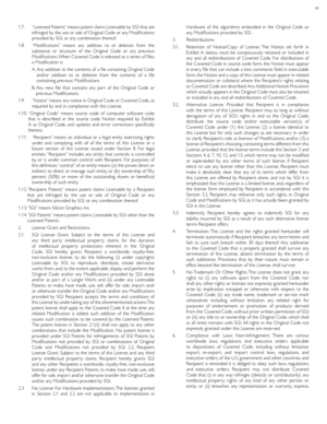 Page 65xi
1.7.     “Licensed Patents” means patent claims Licensable by SGI that are 
infringed by the use or sale of Original Code or any Modiﬁ cations 
provided by SGI, or any combination thereof.
1.8.    “Modiﬁ cations” means any addition to or deletion from the 
substance or structure of the Original Code or any previous 
Modiﬁ cations. When Covered Code is released as a series of ﬁ les, 
a Modiﬁ cation is: 
  A.  Any addition to the contents of a ﬁ le containing Original Code 
and/or addition to or...