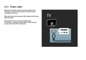 Page 1895.1.1   Power cableMake sure the power cable is securely inserted in the
TV. Make sure that the power plug in the wall socket is
accessible at all times.
When disconnecting the power cable, always pull the plug,
never the cable.
Although this TV has a very low standby power
consumption, unplug the power cable to save energy if
you do not use the TV for a long time.
 