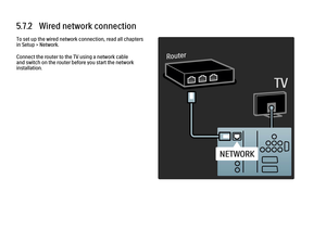 Page 2375.7.2   Wired network connectionTo set up the wired network connection, read all chapters
in Setup > Network.
Connect the router to the TV using a network cable
and switch on the router before you start the network
installation.
 