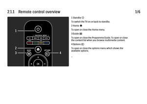 Page 382.1.1      Remote  control  overview1/61 Standby O
To switch the TV on or back to standby.
2 Home h
To open or close the Home menu.
3 Guide g
To open or close the Programme Guide. To open or close
the content list when you browse multimedia content.
4 Options o
To open or close the options menu which shows the
available options.
...
 