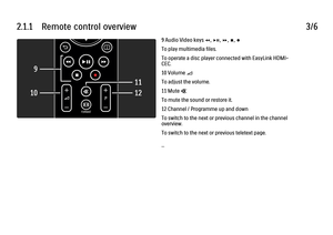 Page 402.1.1      Remote  control  overview3/69 Audio Video keys T, P, Q, S, R
To play multimedia files.
To operate a disc player connected with EasyLink HDMI-
CEC.
10 Volume V
To adjust the volume.
11 Mute m
To mute the sound or restore it.
12 Channel / Programme up and down
To switch to the next or previous channel in the channel
overview.
To switch to the next or previous teletext page.
...
 