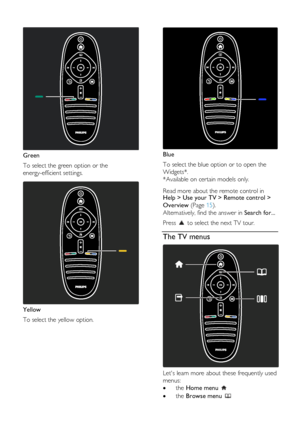 Page 6  
EN           6           
  
 
Green 
To select the green option or the 
energy-efficient settings.   
 
Yellow 
To select the yellow option. 
  
 
Blue 
To select the blue option or to open the 
Widgets*. 
*Available on certain models only.  
Read more about the remote control in Help > Use your TV > Remote control > 
Overview (Page 15). 
Alternatively, find the answer in Search for... 
Press  to select the next TV tour. 
The TV menus  
 
Lets learn more about these frequently used 
menus: 
 the...