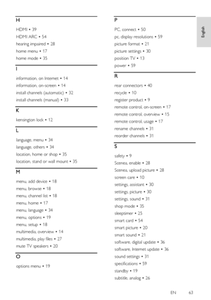 Page 63     
EN         63   
English
 H 
HDMI • 39 
HDMI ARC • 54 
hearing impaired • 28 
home menu • 17 
home mode • 35 
I 
information, on Internet • 14 
information, on-screen • 14 
install channels (automatic) • 32 
install channels (manual) • 33 
K 
kensington lock • 12 
L 
language, menu • 34 
language, others • 34 
location, home or shop • 35 
location, stand or wall mount • 35 
M 
menu, add device • 18 
menu, browse • 18 
menu, channel list • 18 
menu, home • 17 
menu, language • 34 
menu, options • 19...