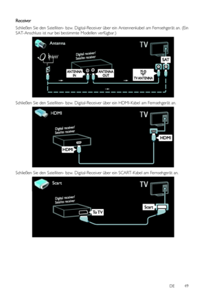 Page 49 
DE           49   
 
Receiver 
Schließen Sie den Satelliten- bzw. Digital-Receiver über ein Antennenkabel am Fernsehgerät an. (Ein 
SAT-Anschluss ist nur bei bestimmte Modellen verfügbar.) 
  
Schließen Sie den Satelliten- bzw. Digital-Receiver über ein HDMI-Kabel am Fernsehgerät an. 
  
Schließen Sie den Satelliten- bzw. Digital-Receiver über ein SCART-Kabel am Fernsehgerät an. 
 
    