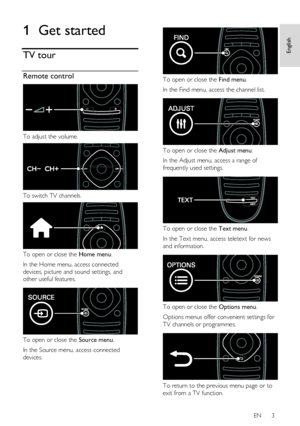 Page 3     
EN      3   
English
 1 Get started 
TV tour 
Remote control  
 
To adjust the volume.  
 
To switch TV channels.  
 
To open or close the Home menu. 
In the Home menu, access connected 
devices, picture and sound settings, and 
other useful features.   
 
To open or close the Source menu. 
In the Source menu, access connected 
devices. 
  
 
To open or close the Find menu.  
In the Find menu, access the channel list.   
 
To open or close the Adjust menu. 
In the Adjust menu, access a range of...