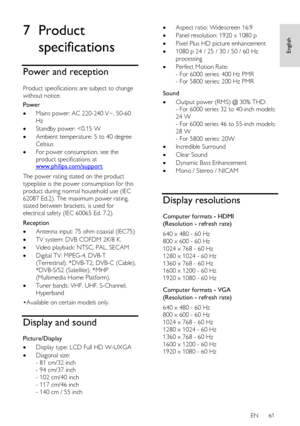 Page 61     
EN      61   
English
 7 Product 
specifications 
Power and reception 
Product specifications are subject to change 
without notice. 
Power 
 Mains power: AC 220-240 V~, 50-60 
Hz 
 Standby power: 