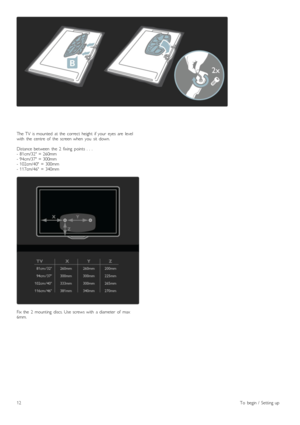 Page 12The  TV   is  mounted   at  the   correct   height   if  your   eyes  are   levelwith   the   centre   of   the   screen  when   you   sit  down.
Distance  between   the   2   fixing   points   .  .  .-  81cm/32  =  260mm-  94cm/37  =  300mm-  102cm/40   =  300mm-  117cm/46   =  340mm
Fix  the   2   mounting   discs.  Use  screws  with   a  diameter   of   max6mm.
12To   begin  /   Setting  up
 