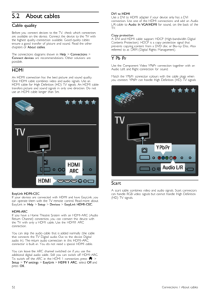 Page 525.2About cables
Cable  quality
Before   you   connect   devices  to  the   TV,   check   which  connectorsare   available   on   the   device.   Connect  the   device   to  the   TV   withthe   highest  quality  connection   available.  Good  quality  cablesensure  a  good   transfer  of   picture   and  sound.   Read  the   otherchapters  of  About  cables.
The connections  diagrams  shown   in  Help > Connections >Connect  devices  are   recommendations.   Other  solutions   arepossible.
HDMI
An  HDMI...