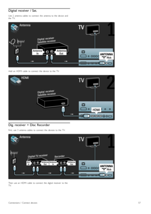 Page 57Digital receiver  / Sat.
Use  2   antenna  cables   to  connect   the   antenna  to  the   device   andthe   TV.
Add   an   HDMI   cable   to  connect   the   device   to  the   TV.
Dig. receiver  + Disc  Recorder
First,   use  3   antenna  cables   to  connect   the   devices  to  the   TV.
Then   use  an   HDMI   cable   to  connect   the   digital   receiver   to  theTV.
Connections  /   Connect  devices57
 