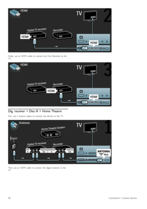 Page 58Finally,  use  an   HDMI   cable   to  connect   the   Disc   Recorder  to  theTV.
Dig. receiver  + Disc - R + Home Theatre
First,   use  3   antenna  cables   to  connect   the   devices  to  the   TV.
Then   use  an   HDMI   cable   to  connect   the   digital   receiver   to  theTV.
58Connections  /   Connect  devices
 